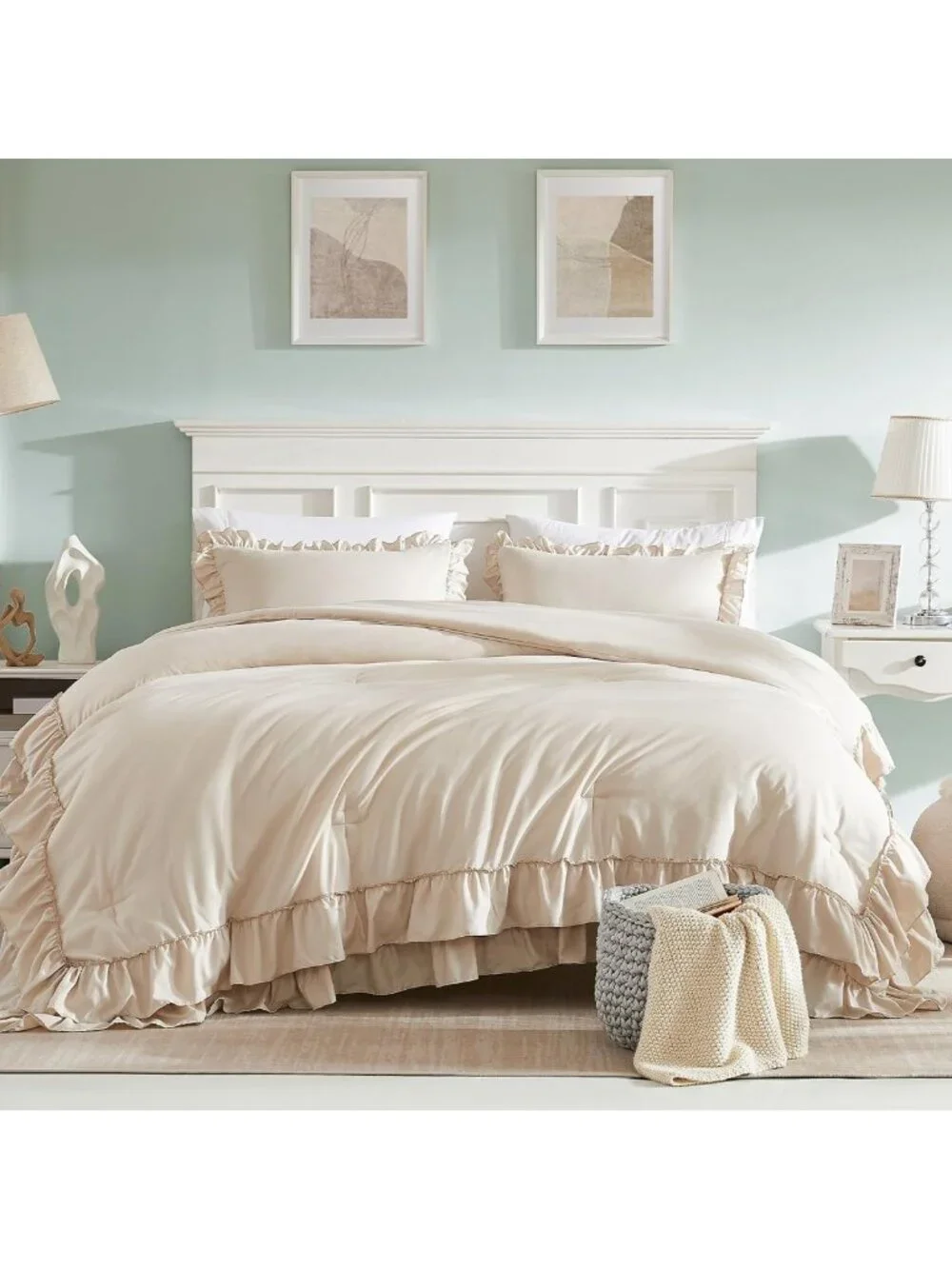 Cozy Pink Ruffle King Comforter Set | Shabby Chic Boho Bedding | 3PCS All-Season